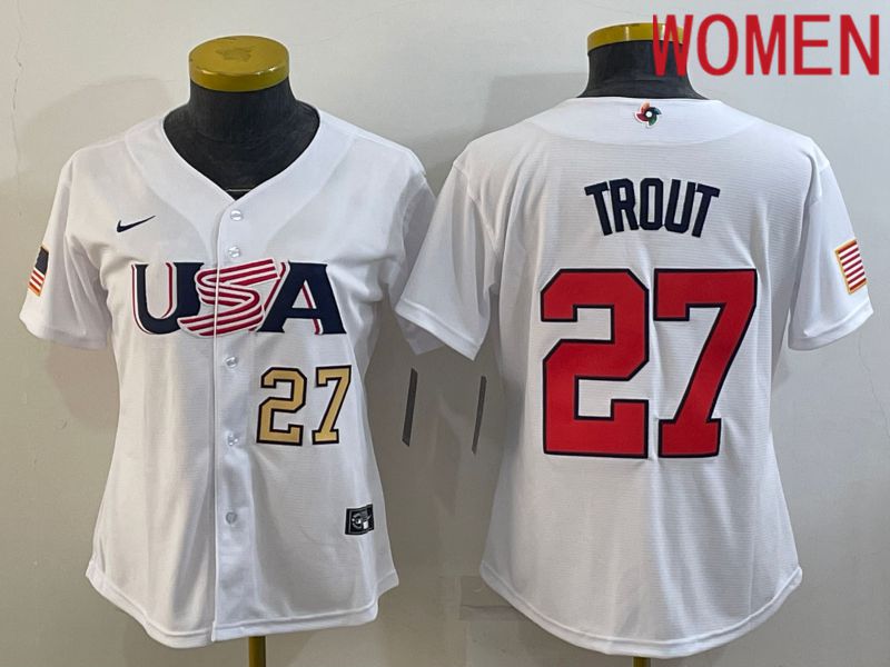 Women 2023 World Cub USA #27 Trout White Nike MLB Jersey->women mlb jersey->Women Jersey